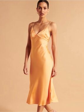 Abercrombie & Fitch Orange Satin Slip Midi Dress